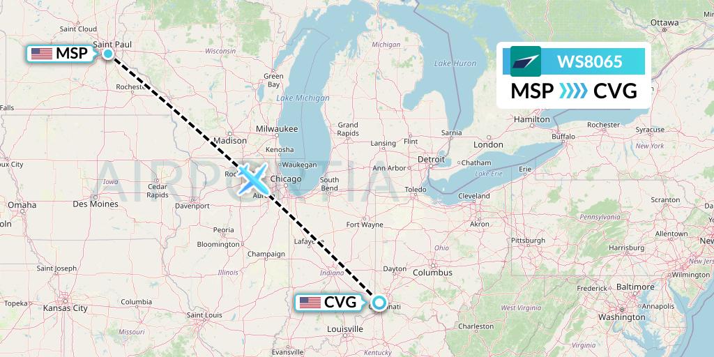WS8065 WestJet Flight Map: Minneapolis to Cincinnati