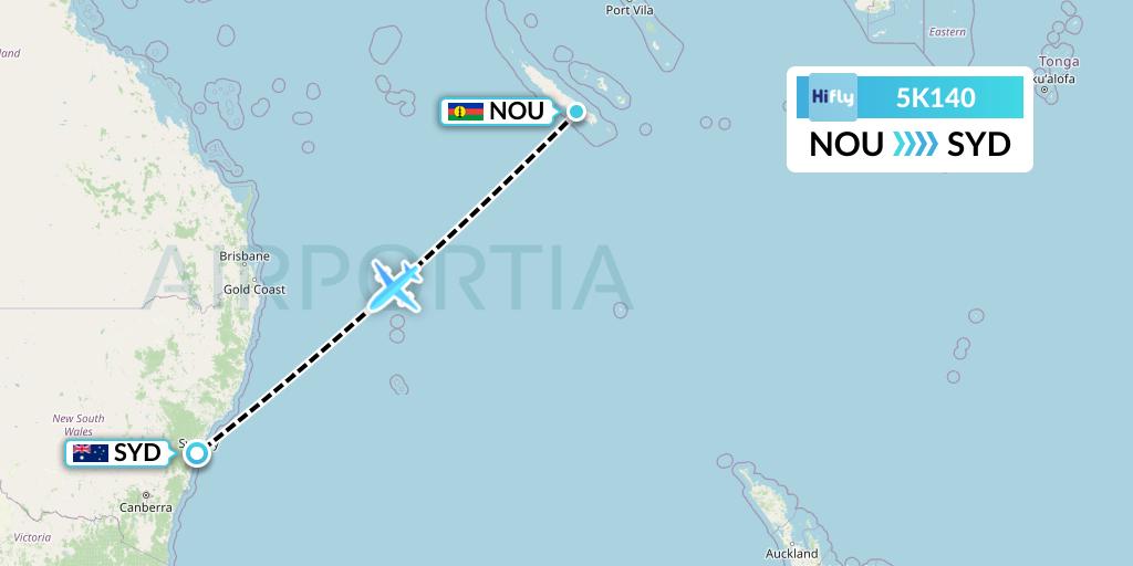 5K140 Hi Fly Flight Map: Noumea to Sydney