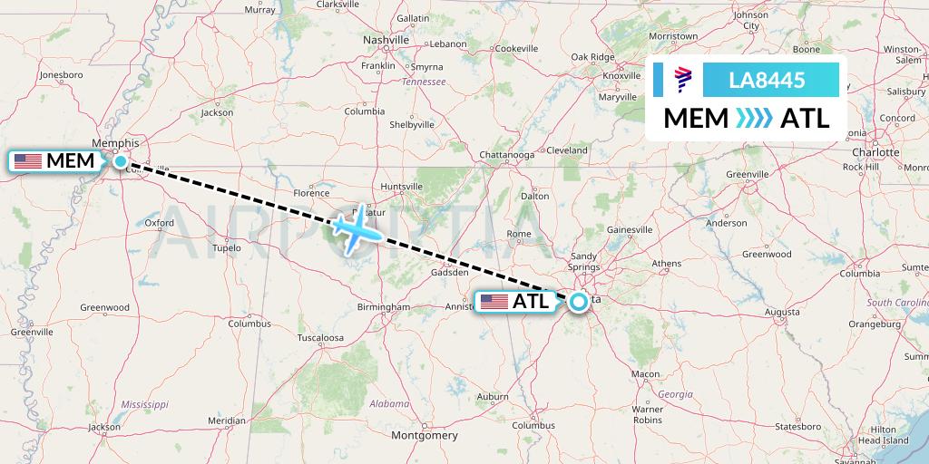 LA8445 LAN Airlines Flight Map: Memphis to Atlanta