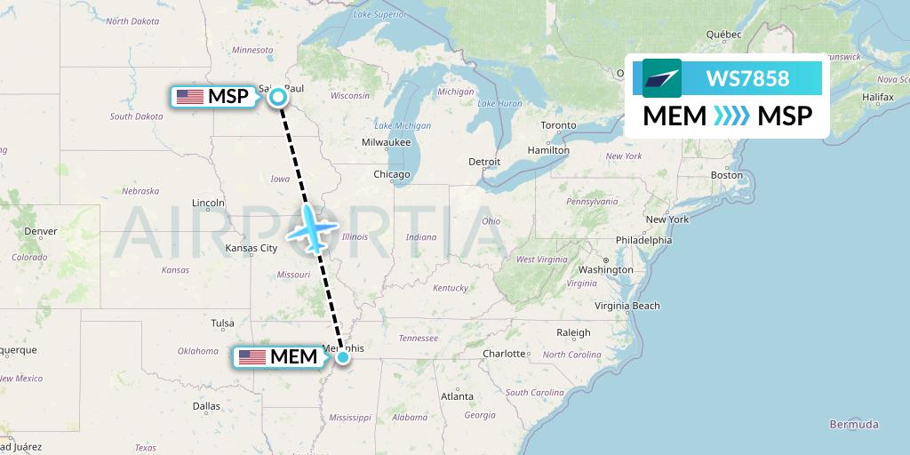 WS7858 WestJet Flight Map: Memphis to Minneapolis