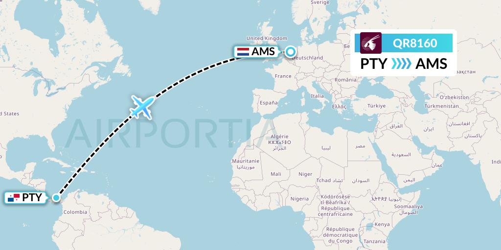 QR8160 Qatar Airways Flight Map: Panama City to Amsterdam