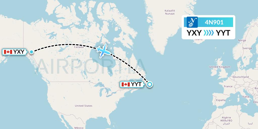 4N901 Air North Flight Map: Whitehorse to St. John's