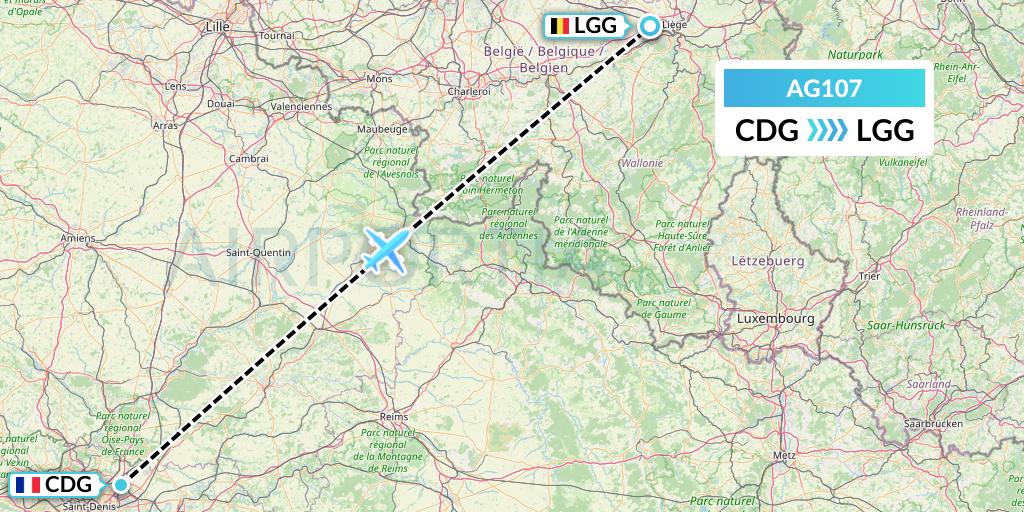 AG107 Aruba Airlines Flight Map: Paris to Liege