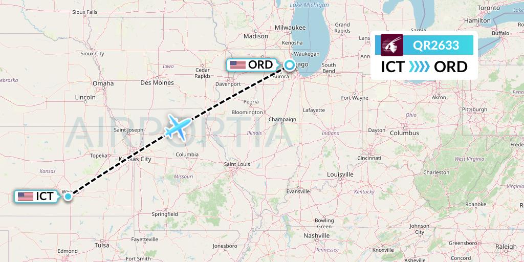 QR2633 Qatar Airways Flight Map: Wichita to Chicago