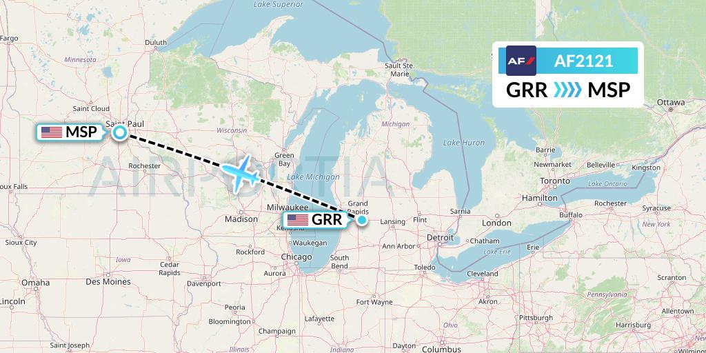 AF2121 Air France Flight Map: Grand Rapids to Minneapolis