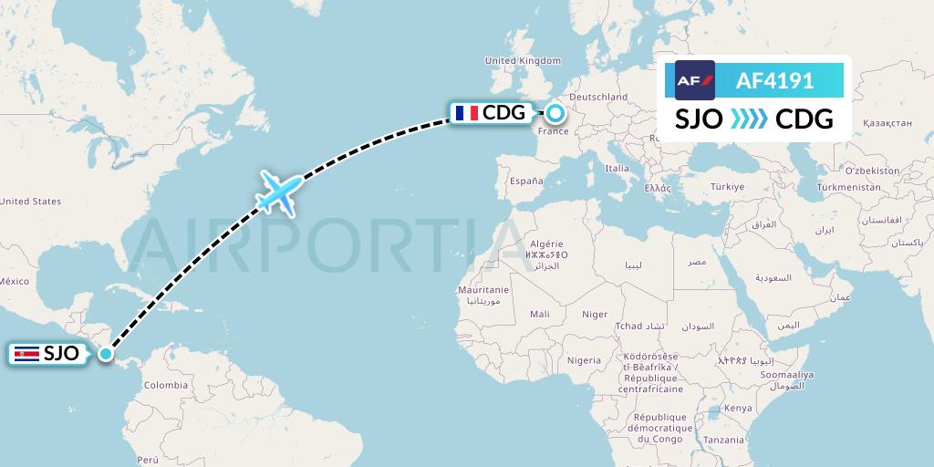 AF4191 Air France Flight Map: San Jose to Paris