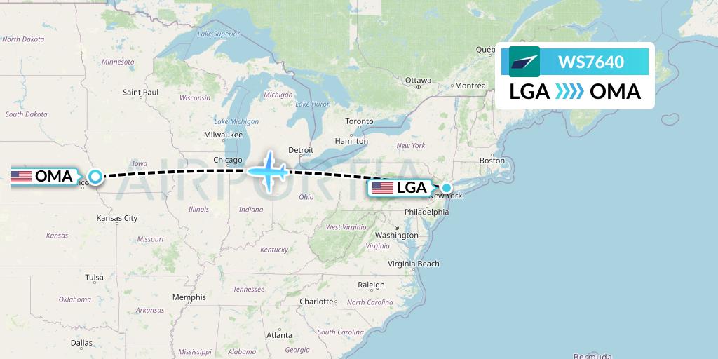 WS7640 WestJet Flight Map: New York to Omaha