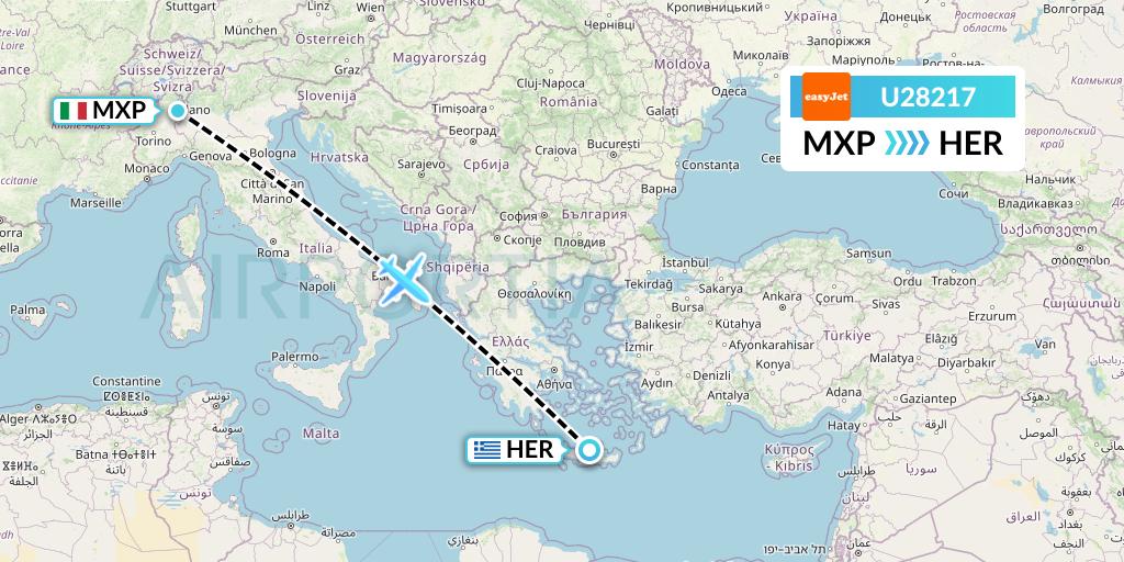 U28217 EasyJet Flight Map: Milan to Heraklion