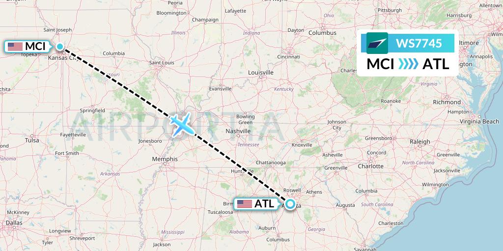 WS7745 WestJet Flight Map: Kansas City to Atlanta
