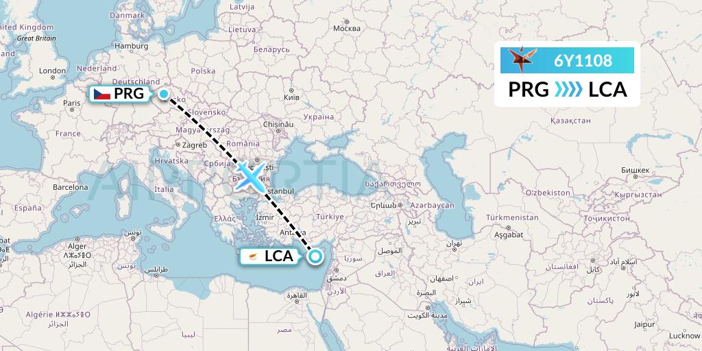 6Y1108 SmartLynx Flight Map: Prague to Larnaca