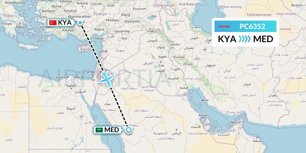PC6352 Pegasus Airlines Flight Map: Konya to Medina