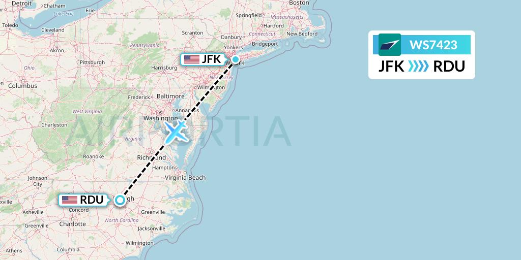 WS7423 WestJet Flight Map: New York to Raleigh-Durham
