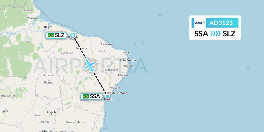 AD3123 Azul Brazilian Airlines Flight Map: Salvador to Sao Luis