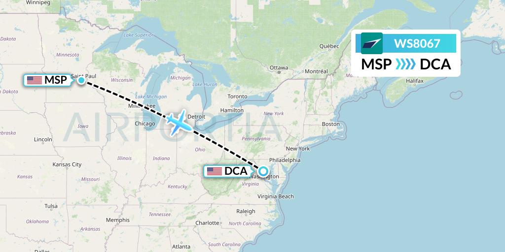 WS8067 WestJet Flight Map: Minneapolis to Washington