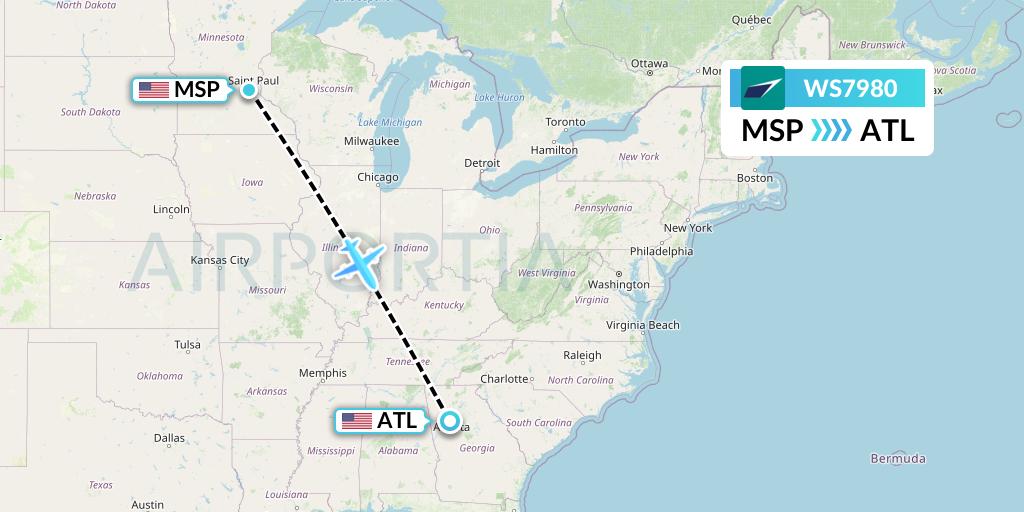 WS7980 WestJet Flight Map: Minneapolis to Atlanta