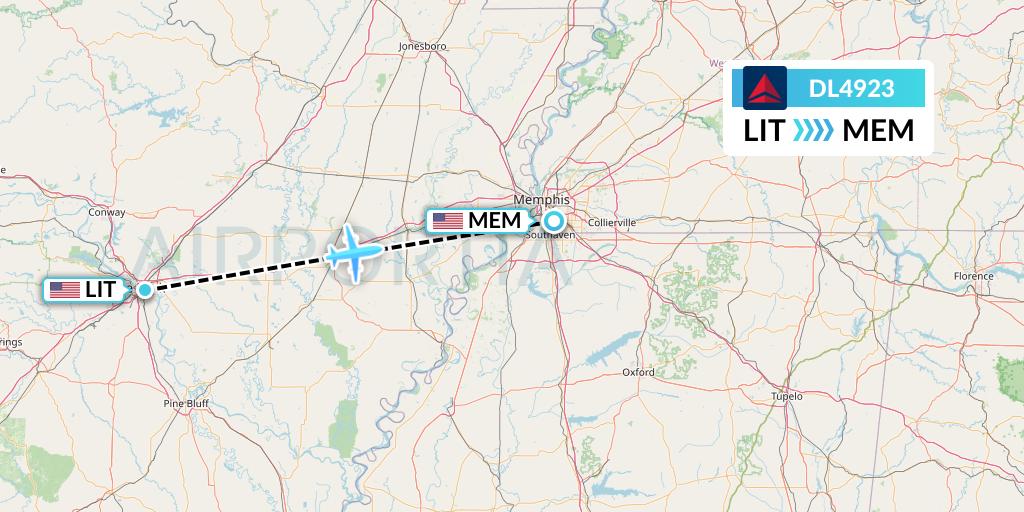 DL4923 Delta Air Lines Flight Map: Little Rock to Memphis