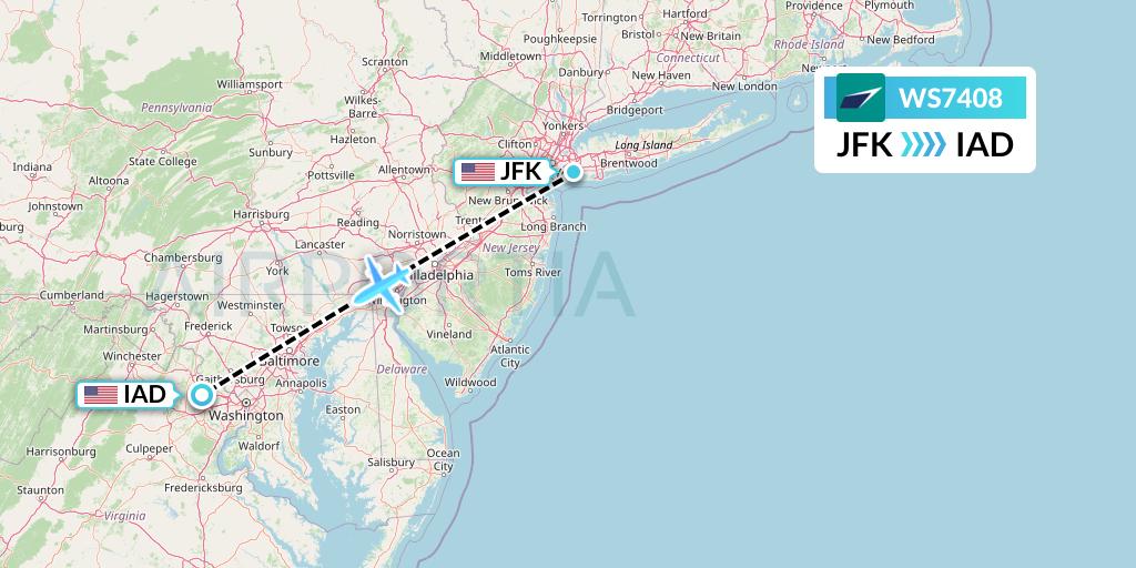 WS7408 WestJet Flight Map: New York to Washington
