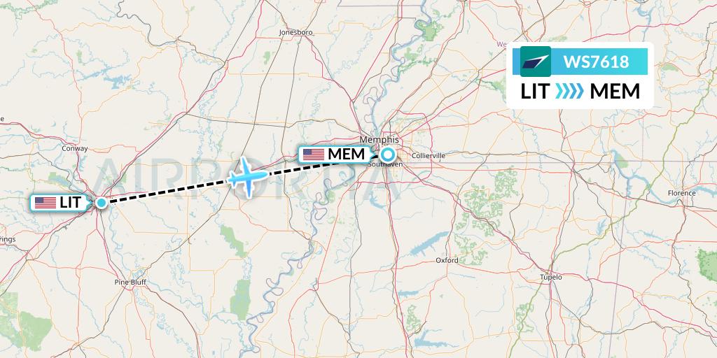 WS7618 WestJet Flight Map: Little Rock to Memphis