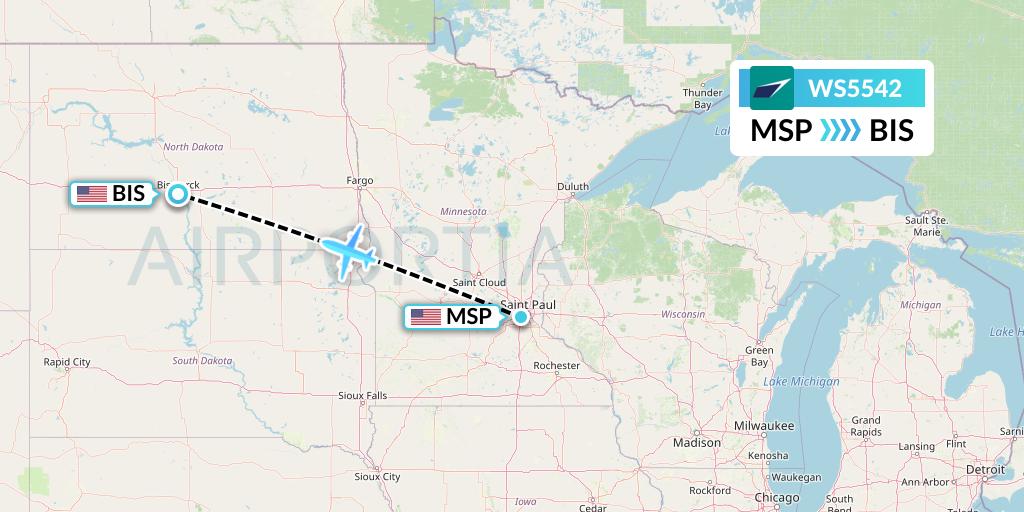 WS5542 WestJet Flight Map: Minneapolis to Bismarck