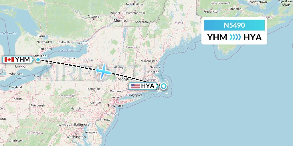 N5490 Nolinor Aviation Flight Map: Hamilton to Hyannis