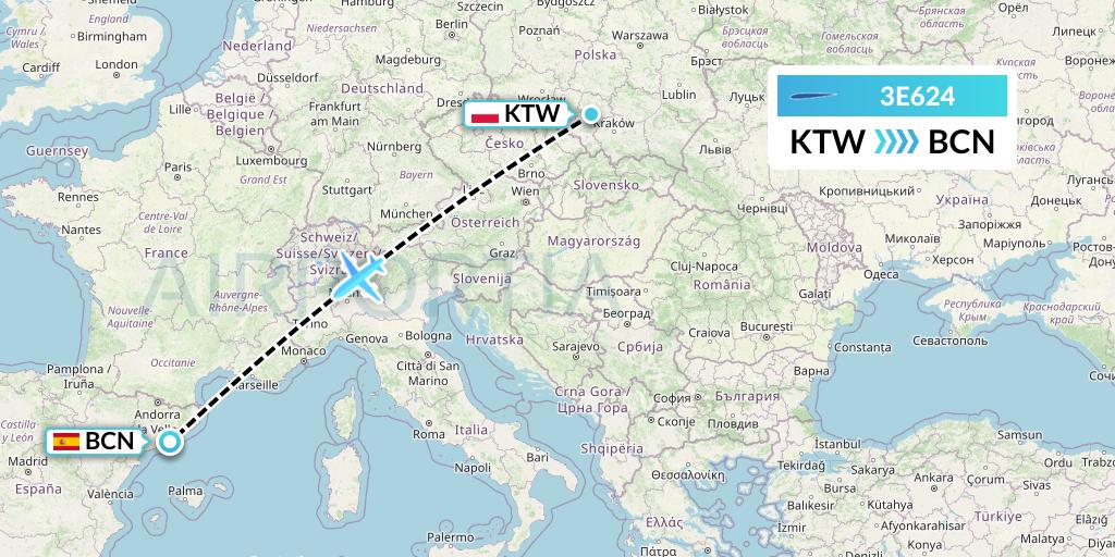 3E624 Air Choice One Flight Map: Katowice to Barcelona