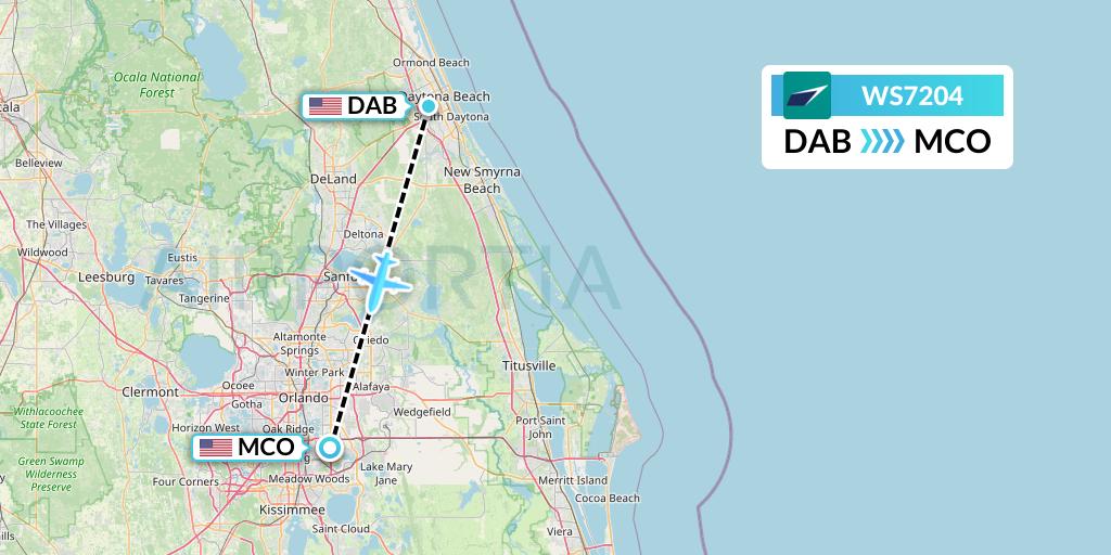 WS7204 WestJet Flight Map: Daytona Beach to Orlando