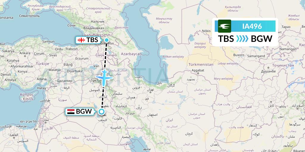 IA496 Iraqi Airways Flight Map: Tbilisi to Baghdad