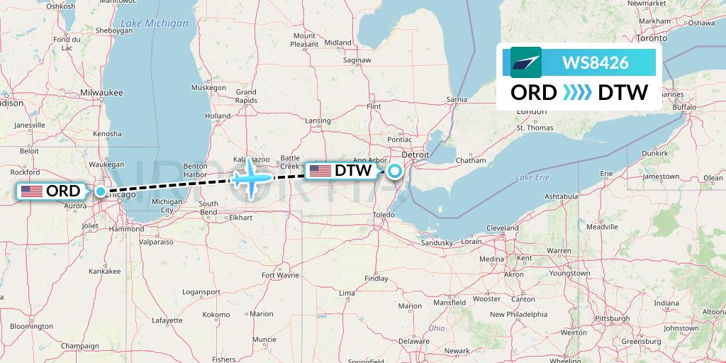 WS8426 WestJet Flight Map: Chicago to Detroit