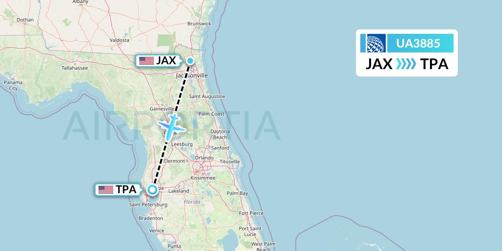 UA3885 United Airlines Flight Map: Jacksonville to Tampa