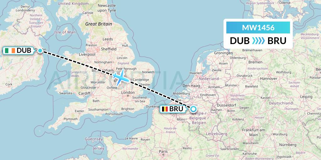 MW1456 Mokulele Flight Service Flight Map: Dublin to Brussels