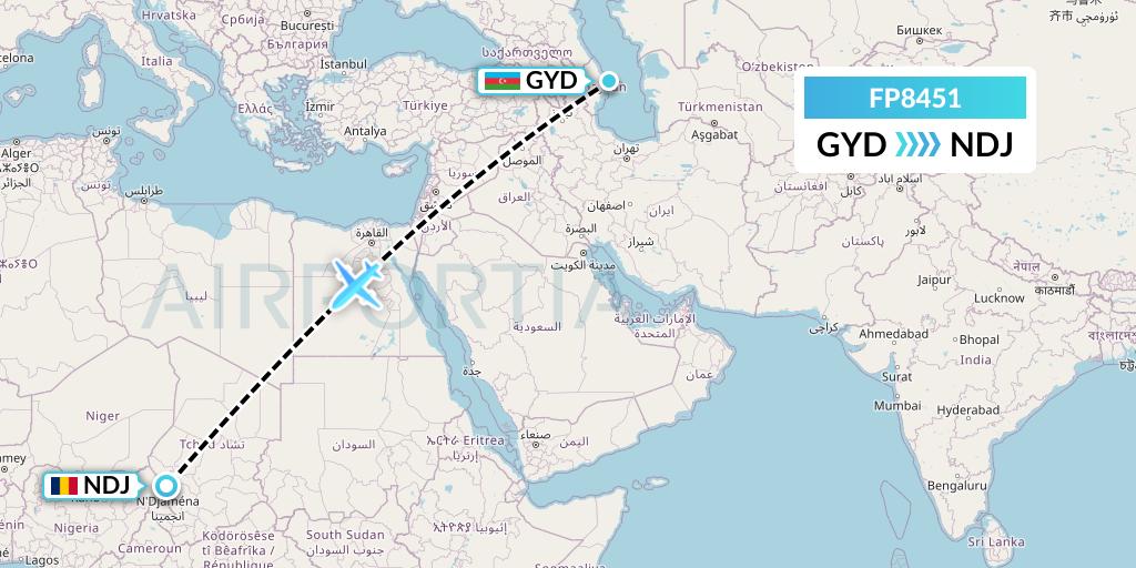 FP8451 FlyPelican Flight Map: Baku to N'Djamena