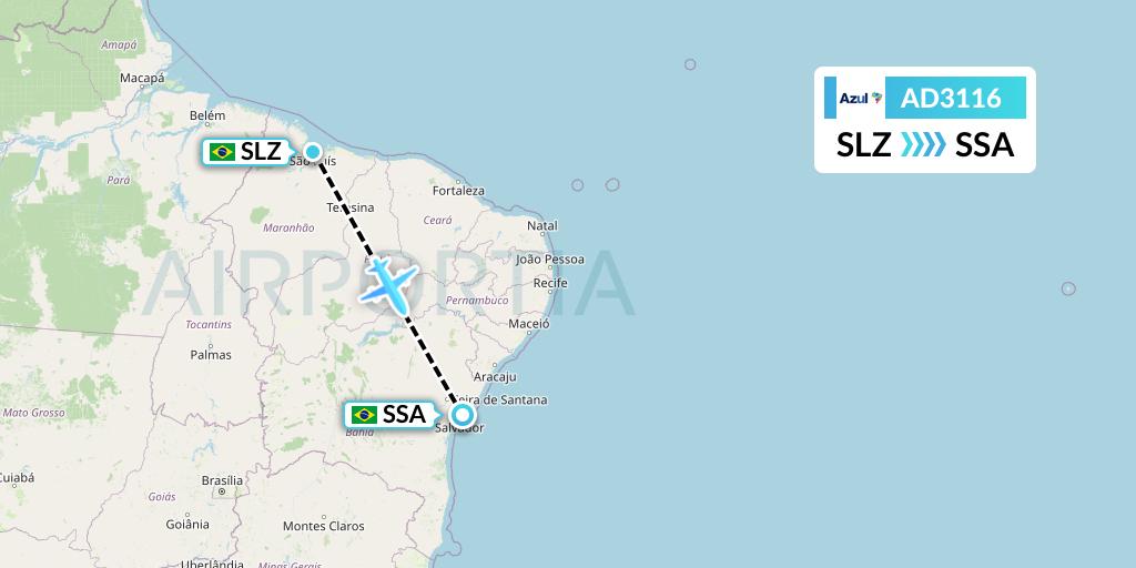 AD3116 Azul Brazilian Airlines Flight Map: Sao Luis to Salvador