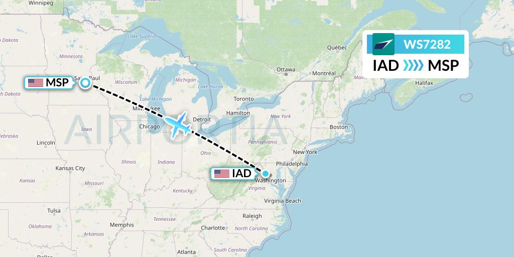 WS7282 WestJet Flight Map: Washington to Minneapolis
