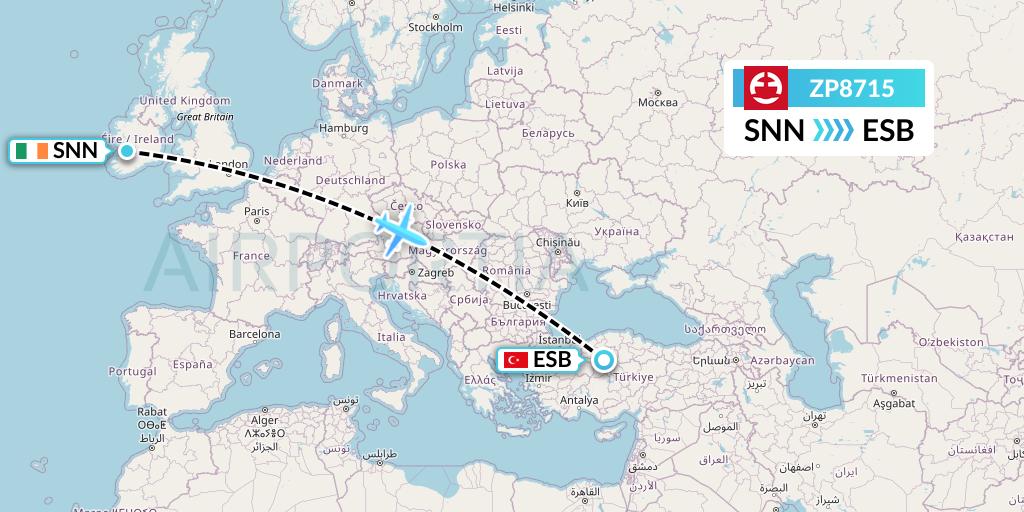 ZP8715 Paranair Flight Map: Shannon to Ankara