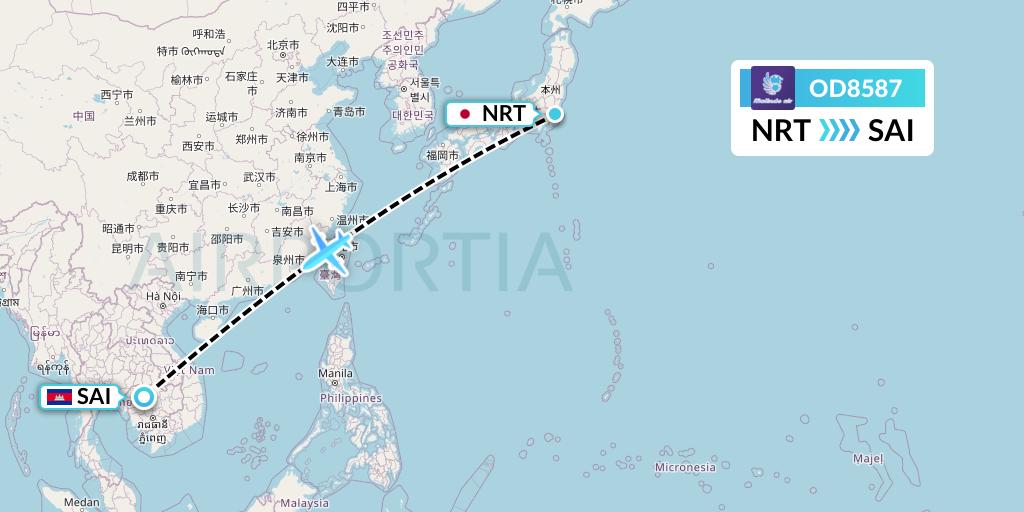 OD8587 Batik Air Malaysia Flight Map: Tokyo to Siem Reap