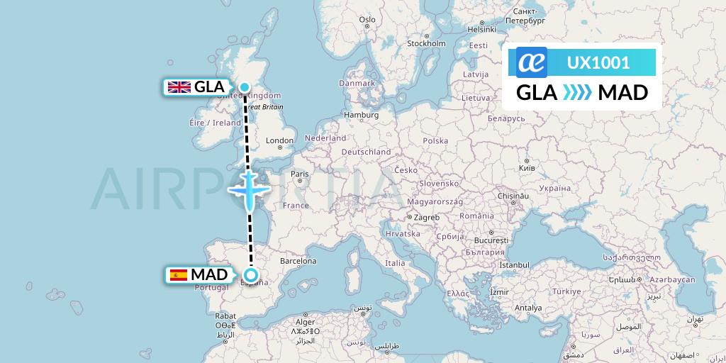 UX1001 Air Europa Flight Map: Glasgow to Madrid