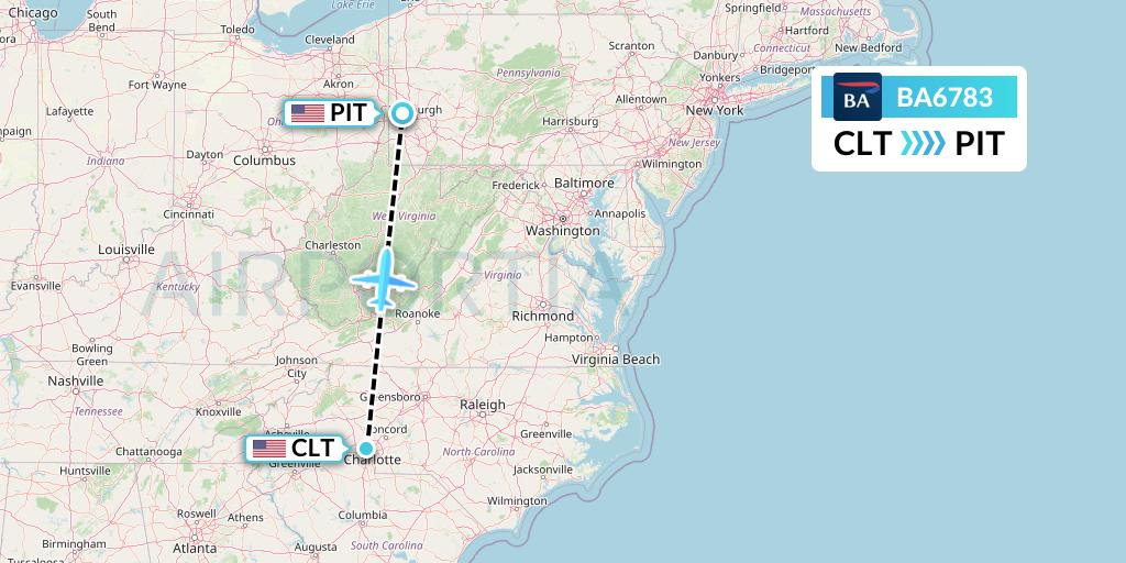 BA6783 British Airways Flight Map: Charlotte to Pittsburgh