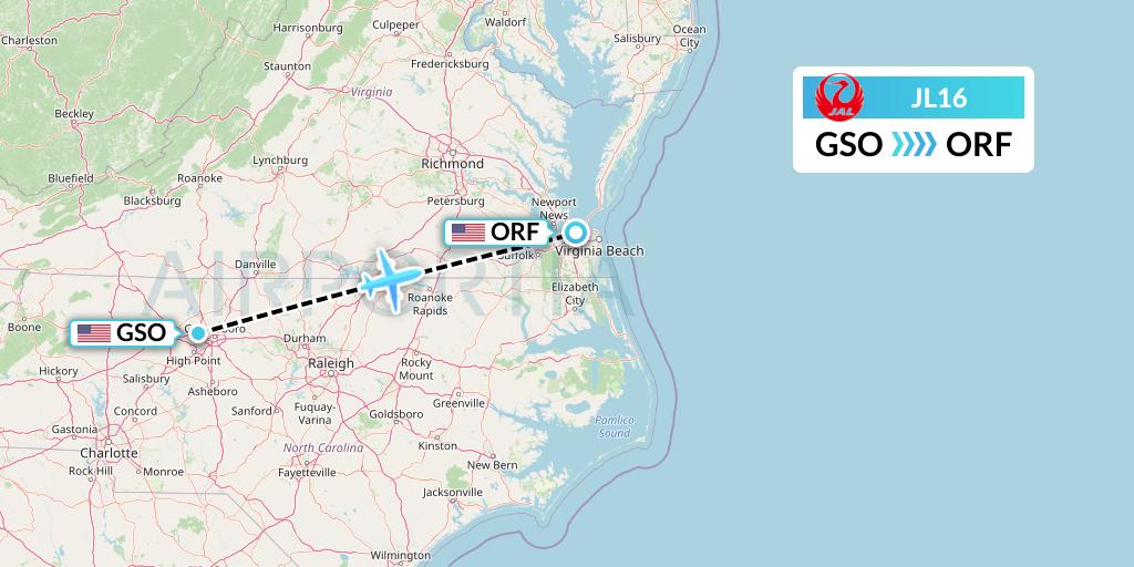 JL16 Japan Airlines Flight Map: Greensboro to Norfolk