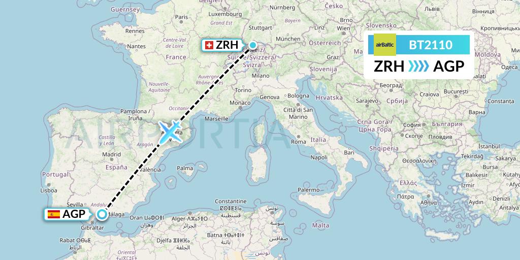 BT2110 Air Baltic Flight Map: Zurich to Malaga