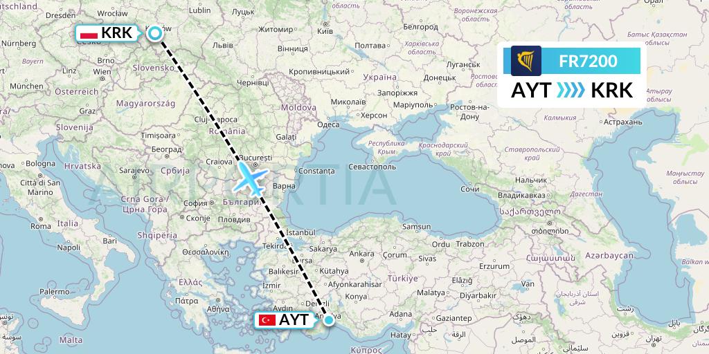 FR7200 Ryanair Flight Map: Antalya to Krakow