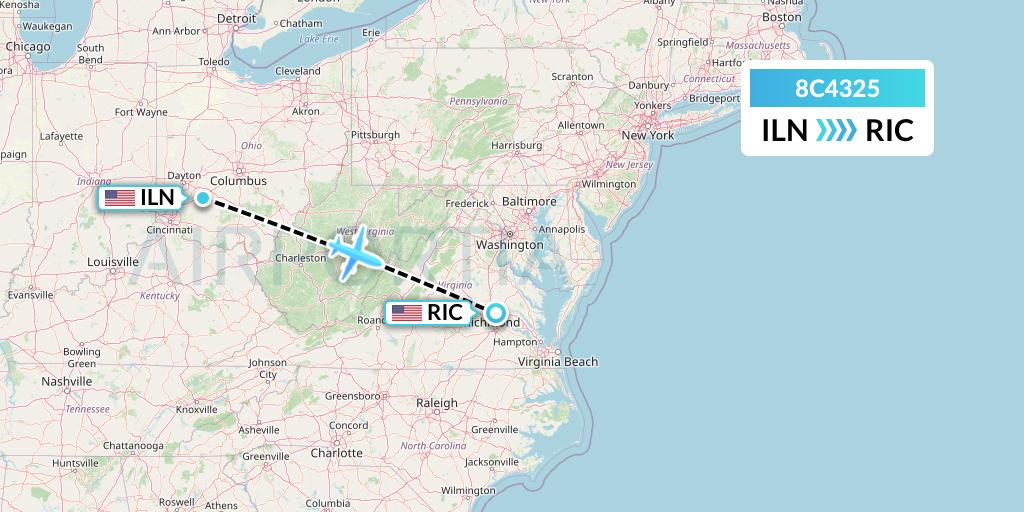8C4325 Air Transport International Flight Map: Wilmington to Richmond