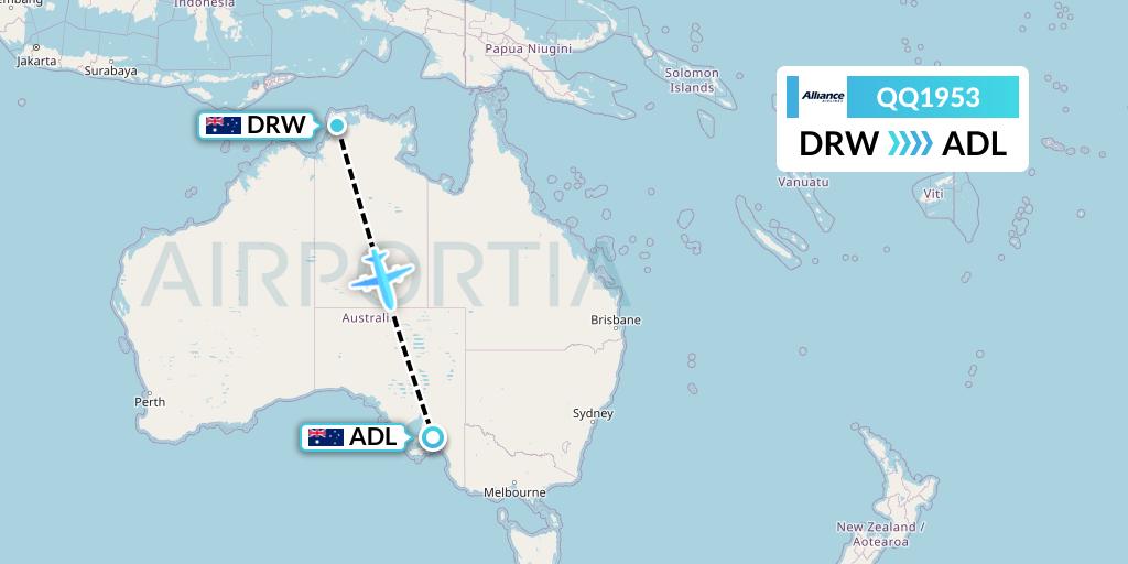 QQ1953 Alliance Airlines Flight Map: Darwin to Adelaide