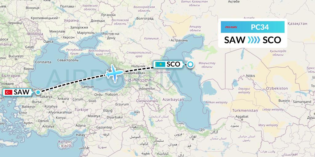 PC34 Pegasus Airlines Flight Map: Istanbul to Aktau