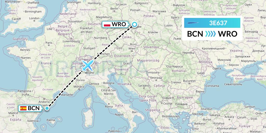 3E637 Air Choice One Flight Map: Barcelona to Wroclaw
