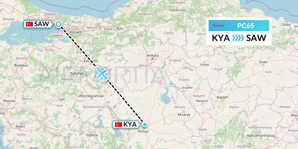 PC65 Pegasus Airlines Flight Map: Konya to Istanbul