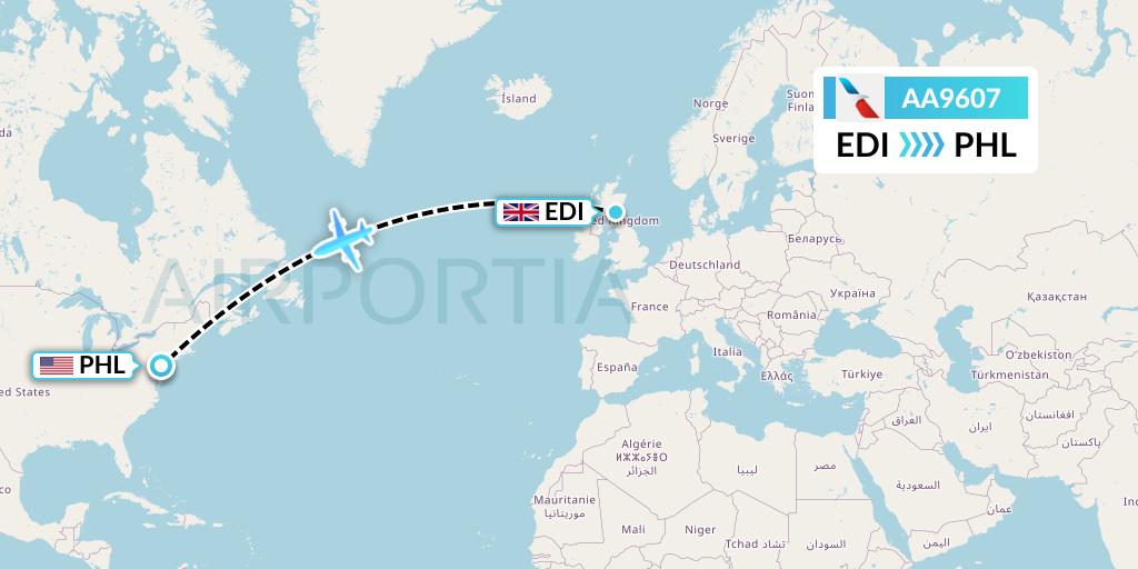 AA9607 American Airlines Flight Map: Edinburgh to Philadelphia