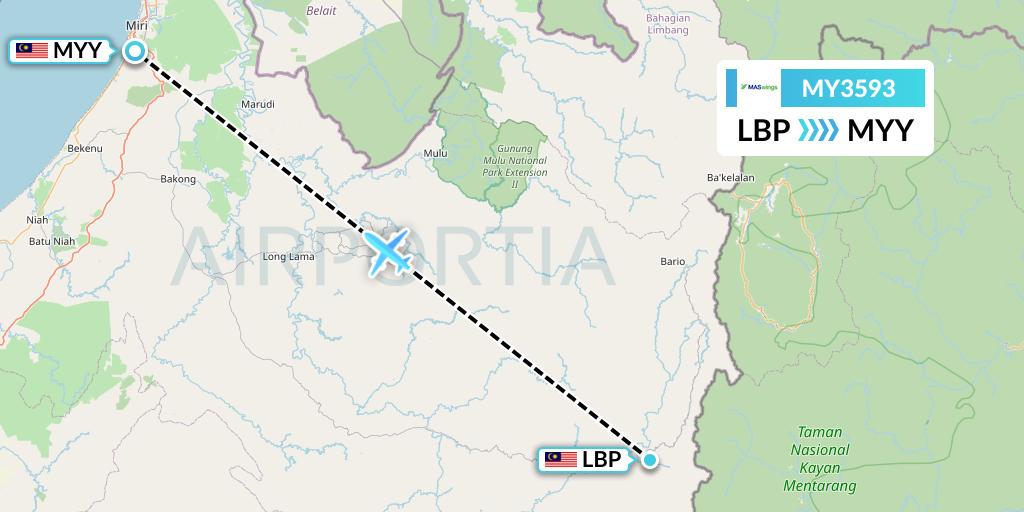 MY3593 MASwings Flight Map: Long Banga to Miri