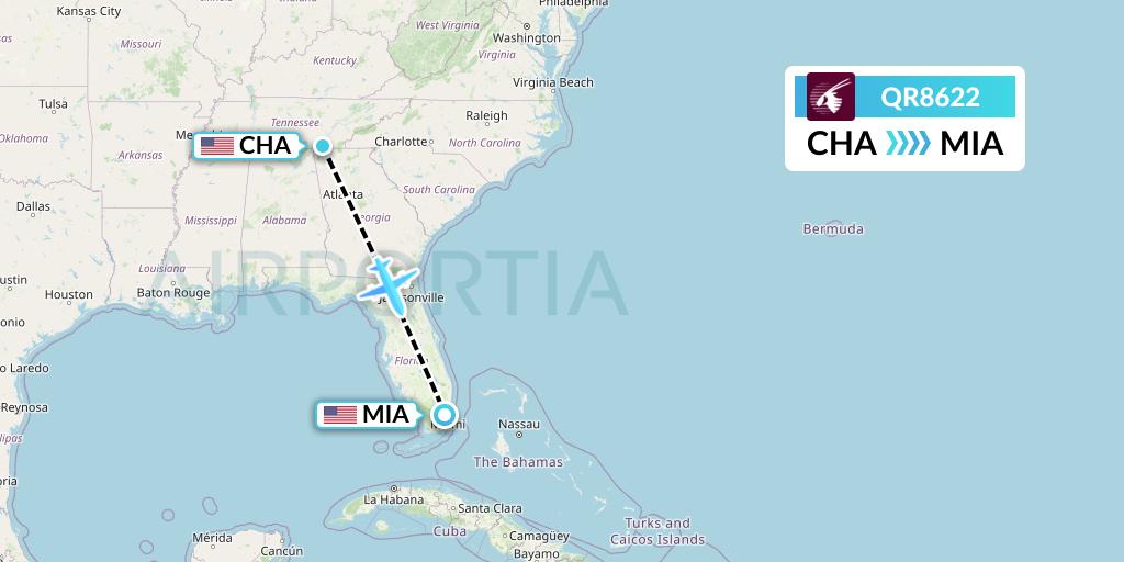 QR8622 Qatar Airways Flight Map: Chattanooga to Miami