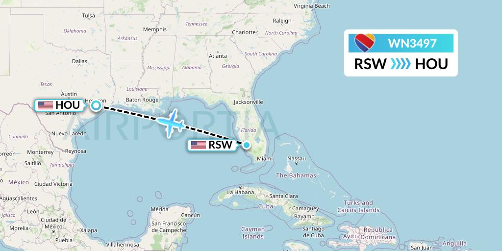 WN3497 Southwest Airlines Flight Map: Fort Myers to Houston