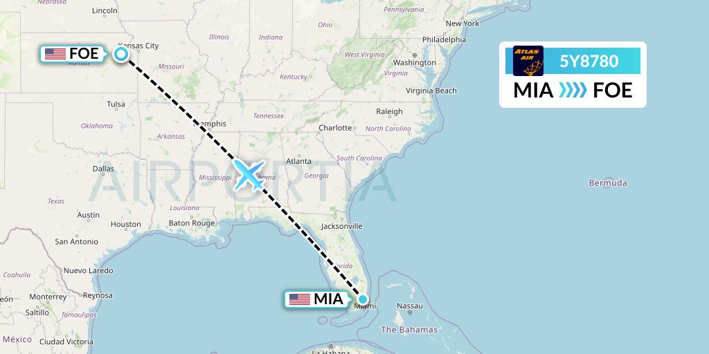 5Y8780 Atlas Air Flight Map: Miami to Topeka